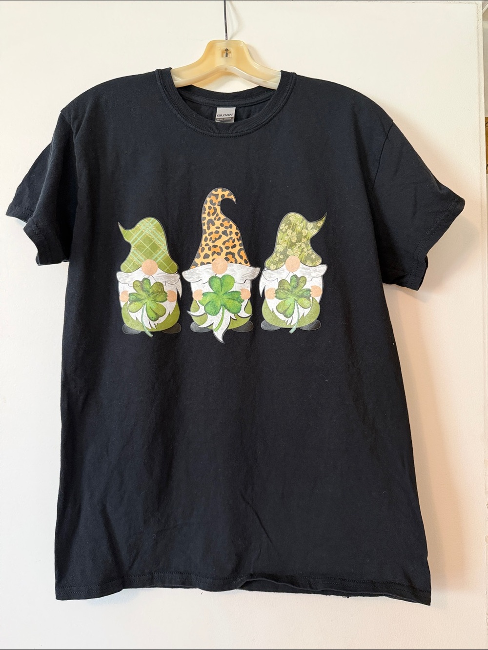 Gildan Black Short Sleeve Tee with Green Shamrock Gnomes